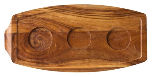 Acacia Wood Board 11.5 x 5.5? / 29 x 14cm - Sides: 3 Well Dia 4.75cm / Lipped (6 Pack) 