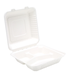 9” Bagasse 3 Compartment Meal Box (2 x 100 Pack) 