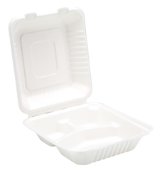 8” Bagasse 3 Compartment Meal Box (2 x 100 Pack) 