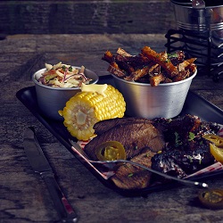 BBQ Beef, Corn & Fries on Black Metal Tray