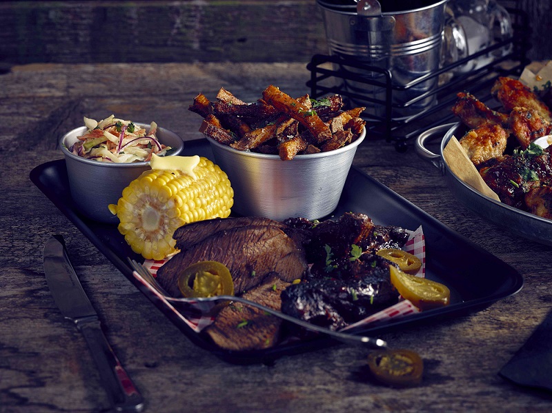 BBQ Beef, Corn & Fries on Black Metal Tray
