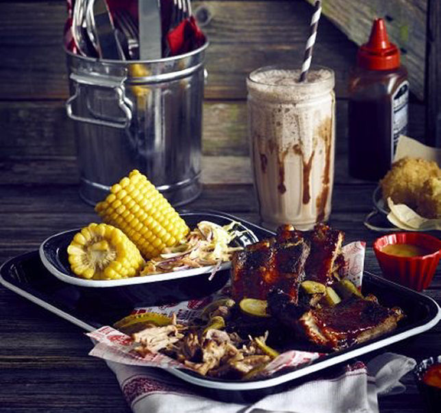 BBQ Ribs, Corn & Slaw on Black Enamel