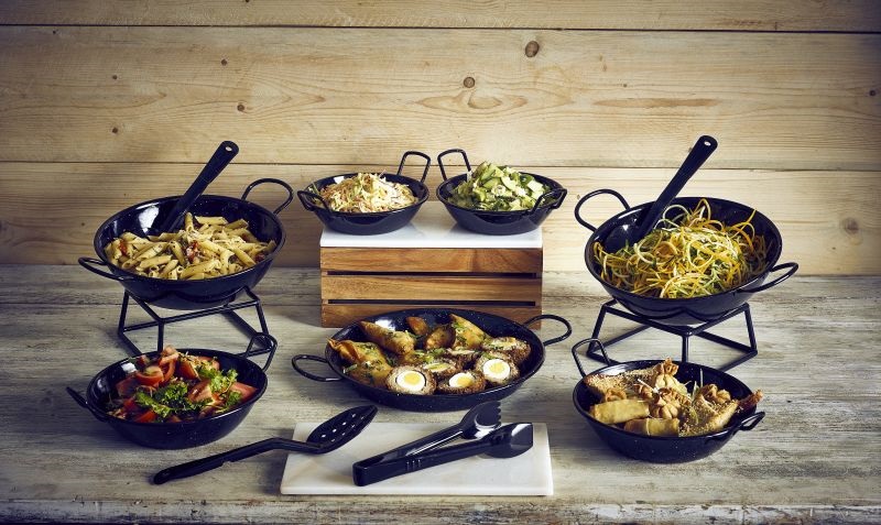 Black Enamel Dishes, Marble Platters & Wood