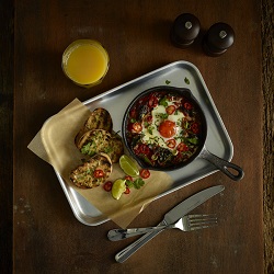 Black Iron Frypan Breakfast on Aluminium Baking Tray