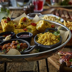 Corn, Rice & Beans on Black Iron & Steel Tray 