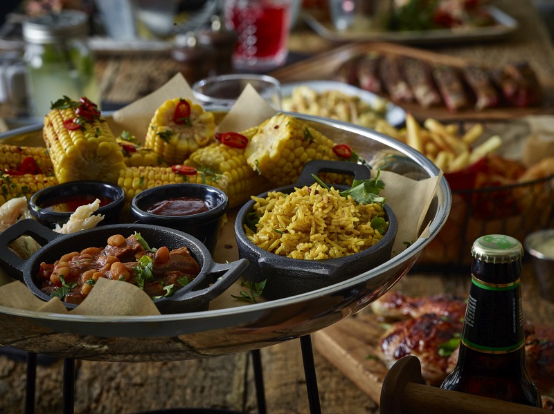 Corn, Rice & Beans on Black Iron & Steel Tray 