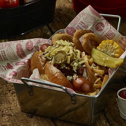 Hot Dog In Metal Tray With Greaseproof
