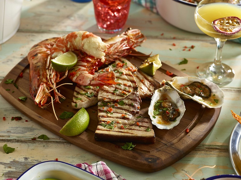 Shrimp & Oysters on Acacia Wood Board