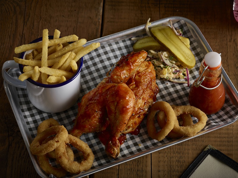 Sticky Chicken & Skinny Fries on Aluminium Tray