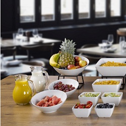 White Melamine Bowls & Platters, Black Rubberised Risers & Wood Risers Breakfast