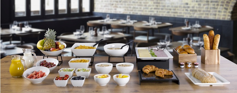 White Melamine Bowls & Platters, Black Rubberised Risers & Wood Risers Breakfast