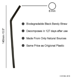 Black Bendy Biodegradable Straws 6mm / 5.5" (250 Pack) Black, Bendy, Biodegradable, Straw, 5.5", 5.5 Inches, 6mm, bore