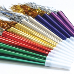 Multicoloured Foil Trumpets with Tassles (50 Pack) 