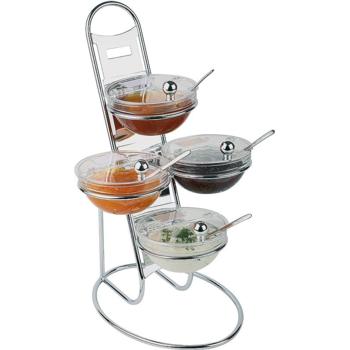 3 Tier Chrome Serving Stand, 4 Glass Bowls (14cm) (Pack of 1) 