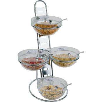 3 Tier Chrome Serving Stand, 4 Glass Bowls (23cm) (Pack of 1) 